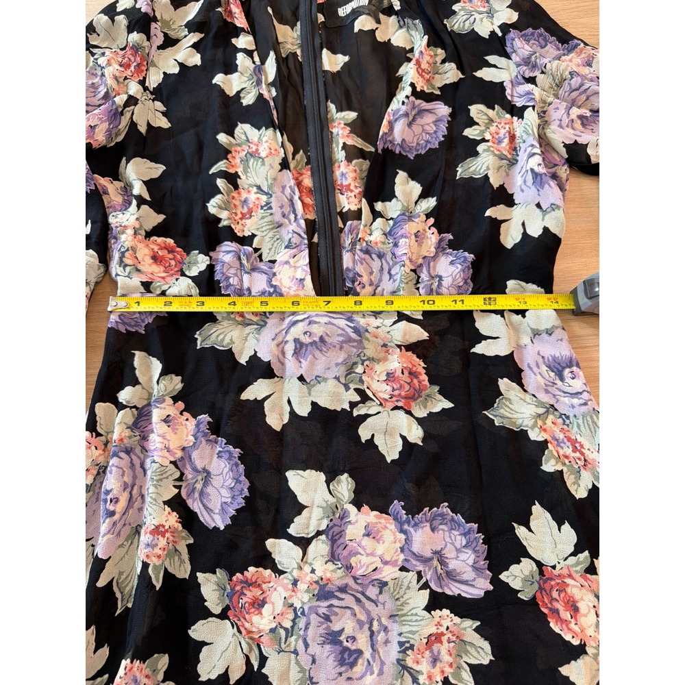 Reformation Floral Mini Dress Black Purple Long Sleeve V-Neck Fit & Flare - Picture 7 of 8